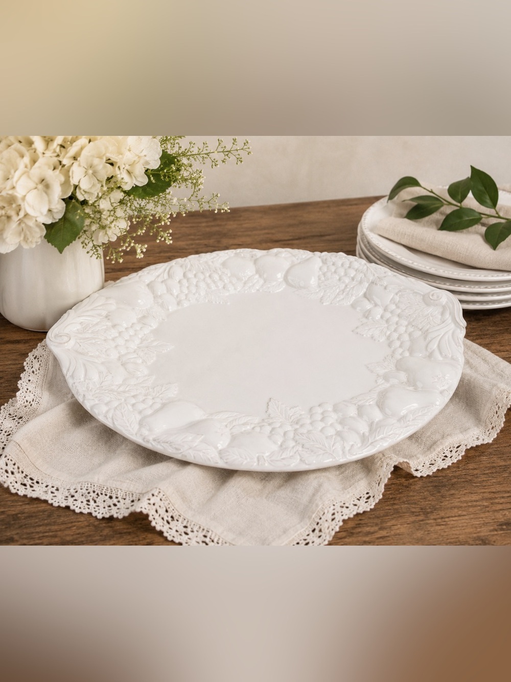 Vintage White Embossed Fruit Serving Platter | Large Ceramic Harvest Platter